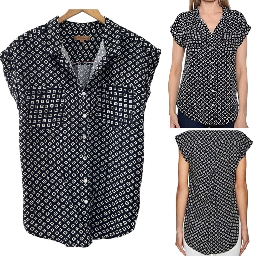 Jachs Girlfriend Top Small Black & White Cuffed Cap Sleeve Button Up Shirt Sz XL - Picture 16 of 16